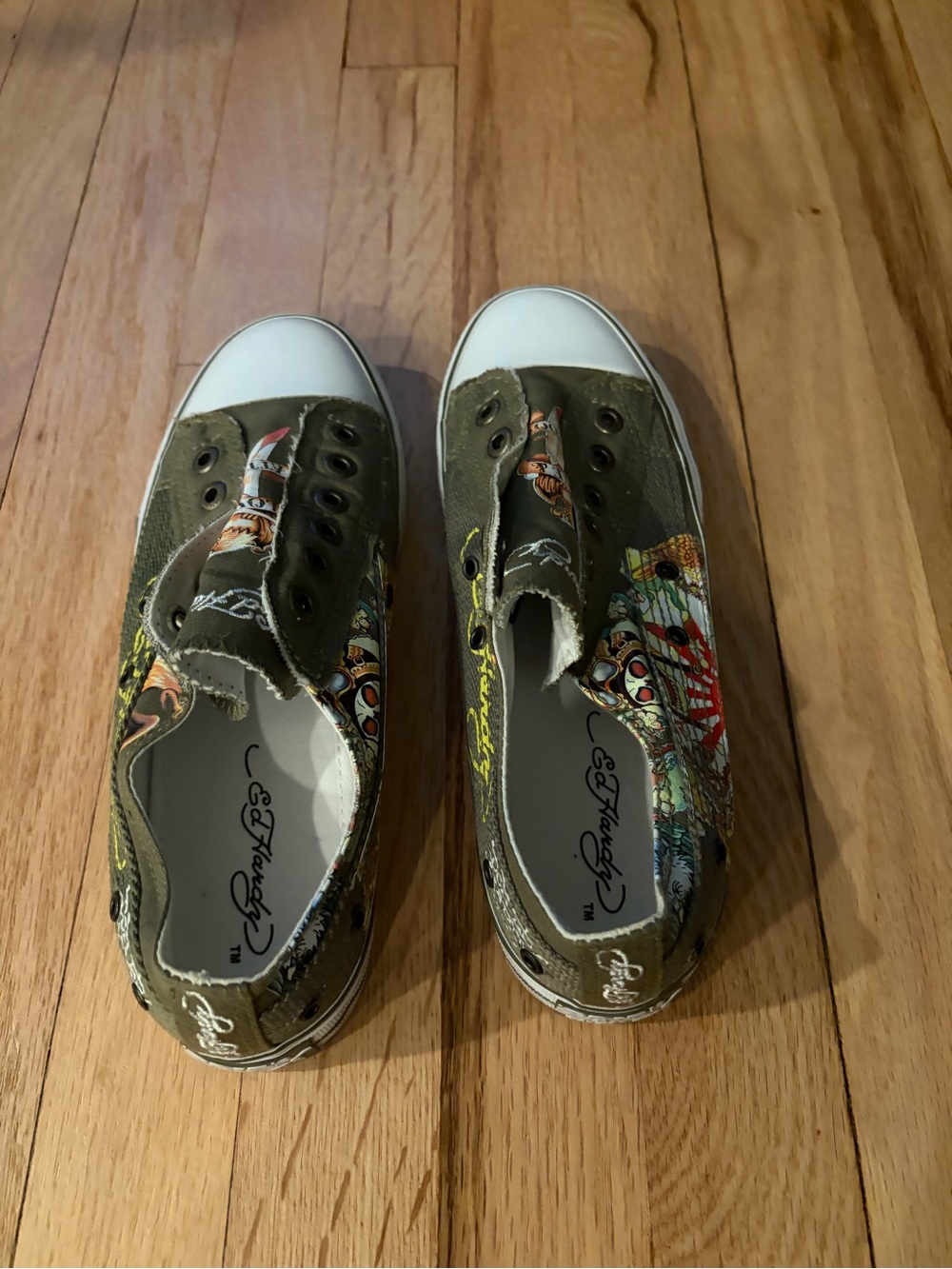 Olive Green Ed Hardy Canvas Slip-On Women's Sneakers - Picture 5 of 6